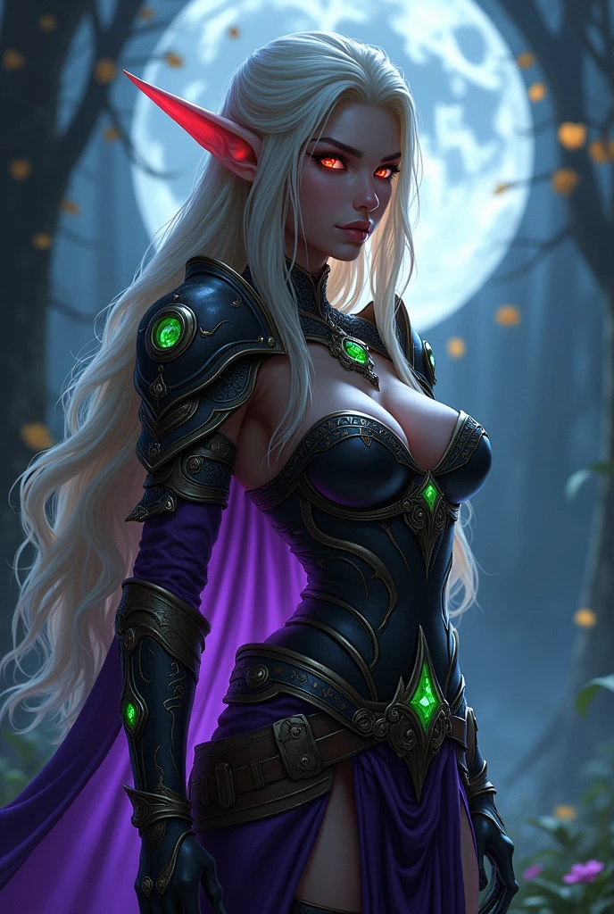 Tema del juego World of Warcraft,fullmoon,extremeley curvaceous buxom bimbo vixen female elf,very bright green glowing eyes, Imagen de una female elf Sylvanas Windrunner,Alfonso Azpiri styles,intense flirty stare,side view ,elfa guapa y hermosa edad 32 de cabello Rubio de pie sosteniendo dos Dagas Jambiya Violetas Cortas brillantes favoritas una en cada mano ,blood elf Assassin Wow, wide hips, narrow waist, gigantic humungus breasts,extremely curvaceous,  Long elf ears, long eye brows,((((Very Bright glowing Red eyes))), dark Purple Light female Assassin Armor with emeralds , Skull Pauldrons, dark purple skull Pauldron with emeralds, purple Chestpiece, purple and black Gauntlets, Black tabard,  tonos dramáticos.  