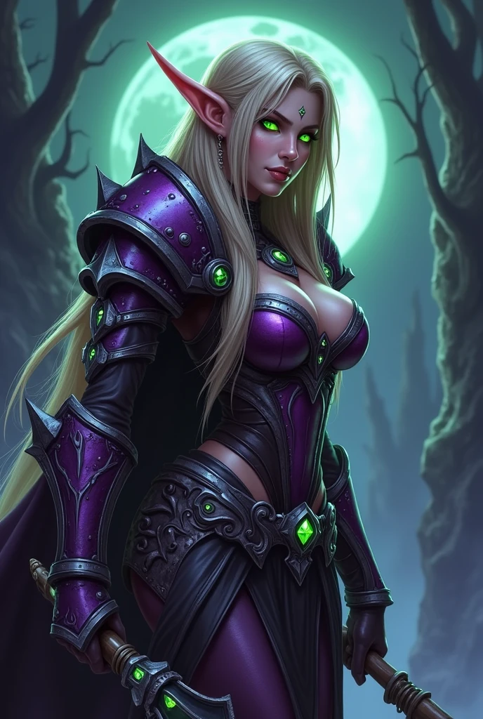 Tema del juego World of Warcraft,fullmoon,extremeley curvaceous buxom bimbo vixen female elf,very bright green glowing eyes, Imagen de una female elf Sylvanas Windrunner,Alfonso Azpiri styles,intense flirty stare,side view ,elfa guapa y hermosa edad 32 de cabello Rubio de pie sosteniendo dos Dagas Jambiya Violetas Cortas brillantes favoritas una en cada mano ,blood elf Assassin Wow, wide hips, narrow waist, gigantic humungus breasts,extremely curvaceous,  Long elf ears, long eye brows,((((Very Bright glowing Red eyes))), dark Purple Light female Assassin Armor with emeralds , Skull Pauldrons, dark purple skull Pauldron with emeralds, purple Chestpiece, purple and black Gauntlets, Black tabard,  tonos dramáticos.  