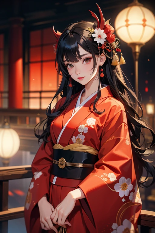 ((Highest quality)), ((masterpiece)), (detailed), One person, sexy,Red kimono、Temple、Black hair、Breeze、Bat