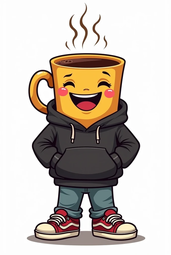 "Create a masterpiece, sticker, adhesive, sticker, impression, Illustration of a cup of coffee, based on a cartoon from the 1930s, the mug is wearing streetwear clothes, a black hoodie and vans style sneakers, His expression is happiness, His attitude is security and confidence, action: He is walking happily, steam comes out of his head" the background is solid white