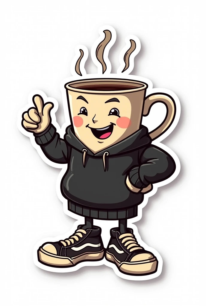 "Create a masterpiece, sticker, adhesive, sticker, impression, Illustration of a cup of coffee, based on a cartoon from the 1930s, the mug is wearing streetwear clothes, a black hoodie and vans style sneakers, His expression is happiness, His attitude is security and confidence, action: He is walking happily, steam comes out of his head" the background is solid white