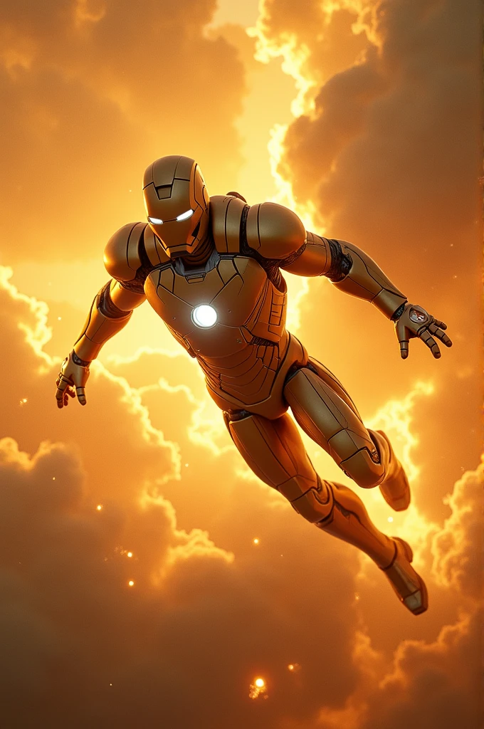 Iron man fly in the sky sky colour was yellow and fire iron man was bej shout