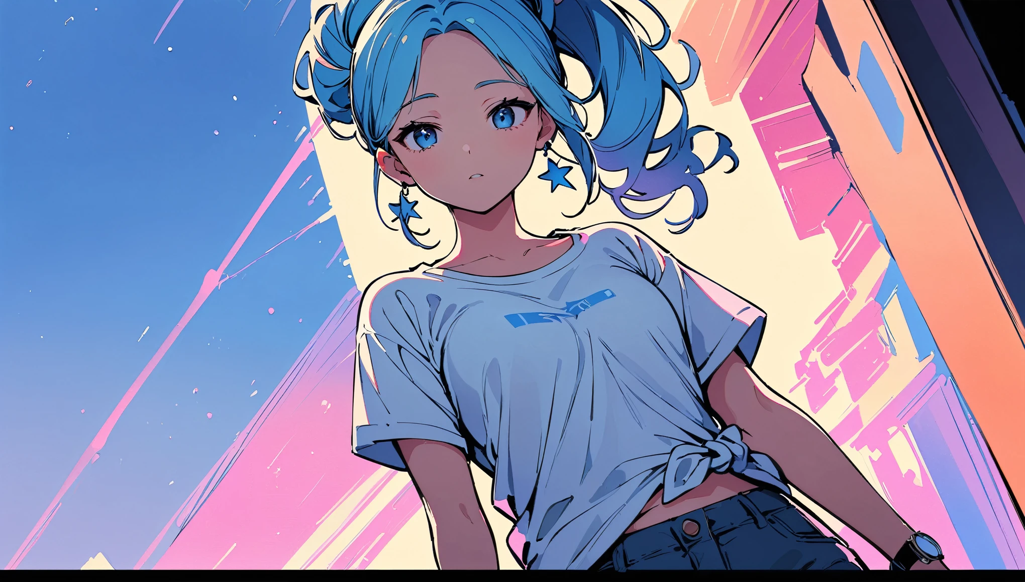 (high quality, 8k, 4K, High Contrast, masterpiece:1.2, 最high quality, Best aesthetics), (Dynamic Angle), ((1 female )), ((Plain and bright background)), ((Flat Color)), (White T-shirt on the upper body), ((Plain T-shirt)), (jeans), Looking at the audience, Upper Body, Transparent Background, Sleepy eyes, High Contrast, Contrasting colors, Cowboy Shot, Pale pink and blue lighting, Long Hair, ((Tied Hair)) , Light blue hair, Small star-shaped earrings in both ears, watch, bright eyeshadow, Cool look, Small Tits, Her camisole is visible through her T-shirt ,　Clothes that are wet.　Raining background,