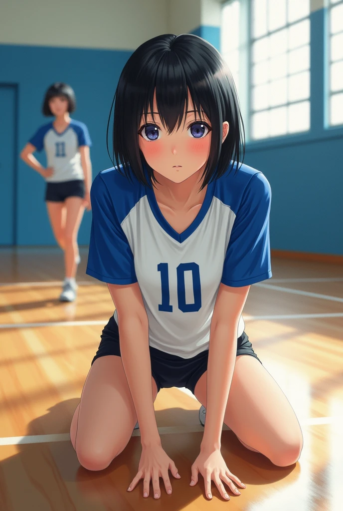 Japanese short black hair high school girl painting style。
oil。
Volleyball club practicing in the gym。
The uniform is white and blue on top、Black spats underneath。
The number on his front is 10. It looks like a photograph.。
From head to butt like an oil painting、Lying on the floor with her thighs visible