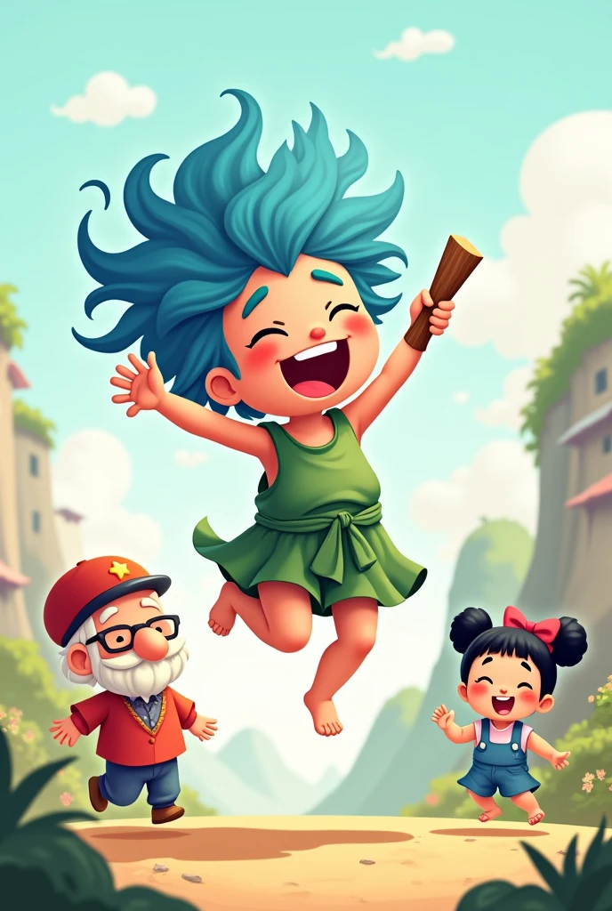 An energetic, cartoon-style illustration featuring a small, playful character with wild, bright blue hair and a wide, laughing mouth. The character is jumping in the air, holding a wooden stick in one hand and wearing a simple green outfit that looks like a torn piece of cloth tied at the waist. Surrounding the main character are three smaller, cute characters: an elderly person with a long nose and white hair wearing a red hat and blue clothes, a child with black hair and sunglasses wearing a red outfit, and a girl with black hair tied in buns, wearing a pink bow. The background is simple and colorful, with soft shapes representing mountains and buildings, contributing to a fun and light-hearted atmosphere.