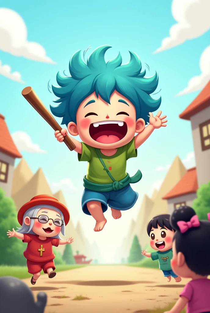 An energetic, cartoon-style illustration featuring a small, playful character with wild, bright blue hair and a wide, laughing mouth. The character is jumping in the air, holding a wooden stick in one hand and wearing a simple green outfit that looks like a torn piece of cloth tied at the waist. Surrounding the main character are three smaller, cute characters: an elderly person with a long nose and white hair wearing a red hat and blue clothes, a child with black hair and sunglasses wearing a red outfit, and a girl with black hair tied in buns, wearing a pink bow. The background is simple and colorful, with soft shapes representing mountains and buildings, contributing to a fun and light-hearted atmosphere.
