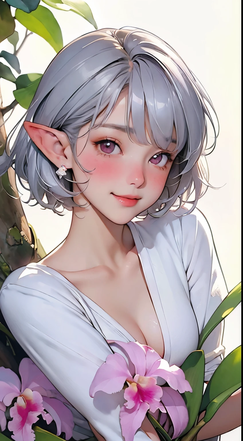 ((Cattleya、Three Flowers、Close-up、whole body、))、(Elf sitting on a tree branch、Silver Hair、Bobcut、A kind smile、Blushing cheeks、Small breasts)、Soft Focus、((Sargent-style watercolor))、((White background))、(No background)、Blur the background、(Highest quality、High resolution、masterpiece)、4K Anime Art、