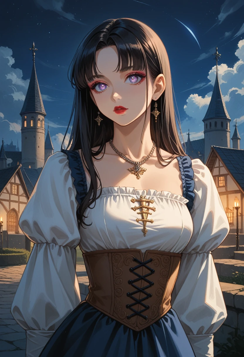 Anime, High-resolution illustrations, unrivaled masterpiece, ultra-realistic 8k CG, perfect artwork, (fidelity: 1.5), ((night)), cloudy, gorgeous girl, fair skin, (solo), long silky black hair, bangs, fringes on the forehead, sparkling violet eyes, huge, (well-proportioned curves), makeup, Medium breasts:1.2, (Compressed chest:1.3), bust bulging, ((wearing a fantasy dress with medieval design)), necklace, character in the middle, standing, near palace, lipstick