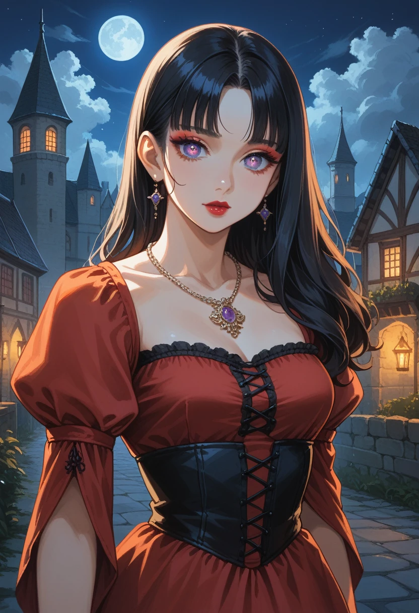 Anime, High-resolution illustrations, unrivaled masterpiece, ultra-realistic 8k CG, perfect artwork, (fidelity: 1.5), ((night)), cloudy, gorgeous girl, fair skin, (solo), long silky black hair, bangs, fringes on the forehead, sparkling violet eyes, huge, (well-proportioned curves), makeup, Medium breasts:1.2, (Compressed chest:1.3), bust bulging, ((wearing a fantasy dress with medieval design)), necklace, character in the middle, standing, near palace, lipstick