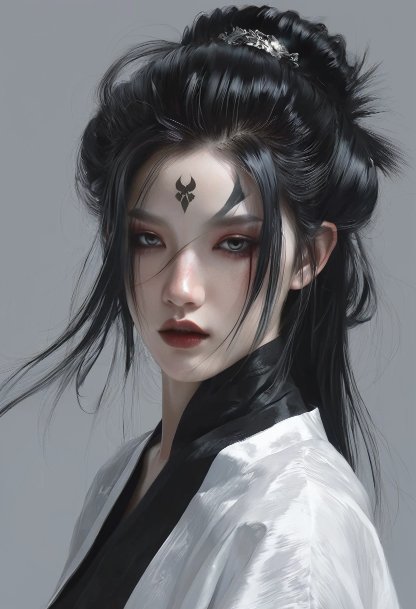 A woman with black hair and white skin,Black top, artwork in the style of Gu Weiss, Gu Weiss, the style of WLOP, ross tran and WLOP, Inspired by WLOP, Eve Ventro, in style of WLOP, WLOP and ross tran, Pan Chengwei on artstation, best on WLOP, WLOP |,Black lips,A long sword hangs from his waist
