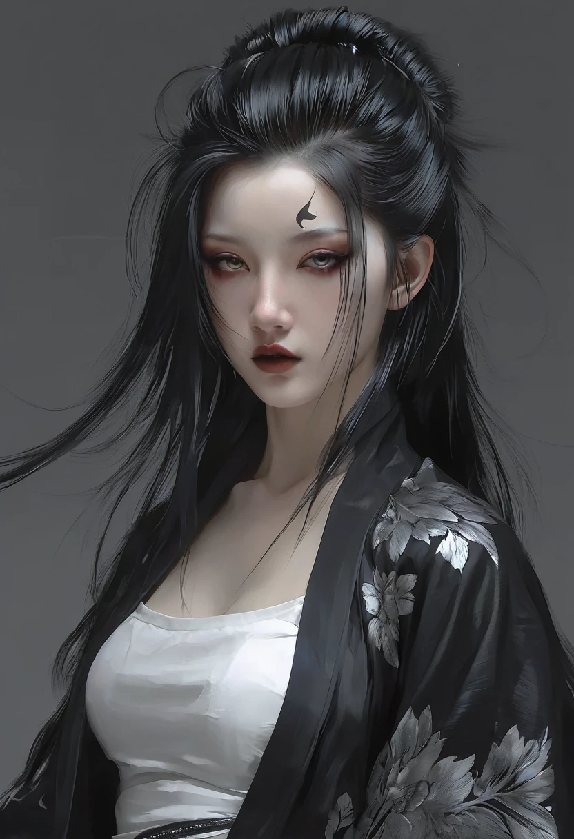 A woman with black hair and white skin，Black top， artwork in the style of Gu Weiss, Gu Weiss, the style of WLOP, ross tran and WLOP, Inspired by WLOP, Eve Ventro, in style of WLOP, WLOP and ross tran, Pan Chengwei on artstation, best on WLOP, WLOP |，Black lips，A long sword hangs from his waist