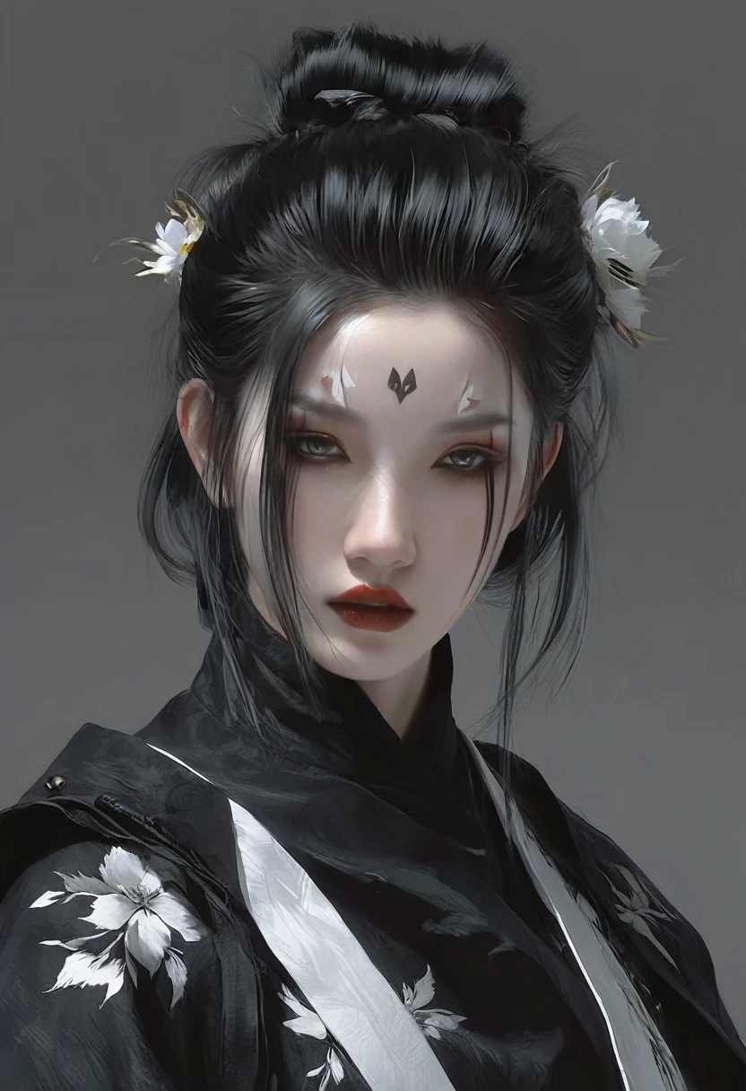 A woman with black hair and white skin，Black top， artwork in the style of Gu Weiss, Gu Weiss, the style of WLOP, ross tran and WLOP, Inspired by WLOP, Eve Ventro, in style of WLOP, WLOP and ross tran, Pan Chengwei on artstation, best on WLOP, WLOP |，Black lips，A long sword hangs from his waist