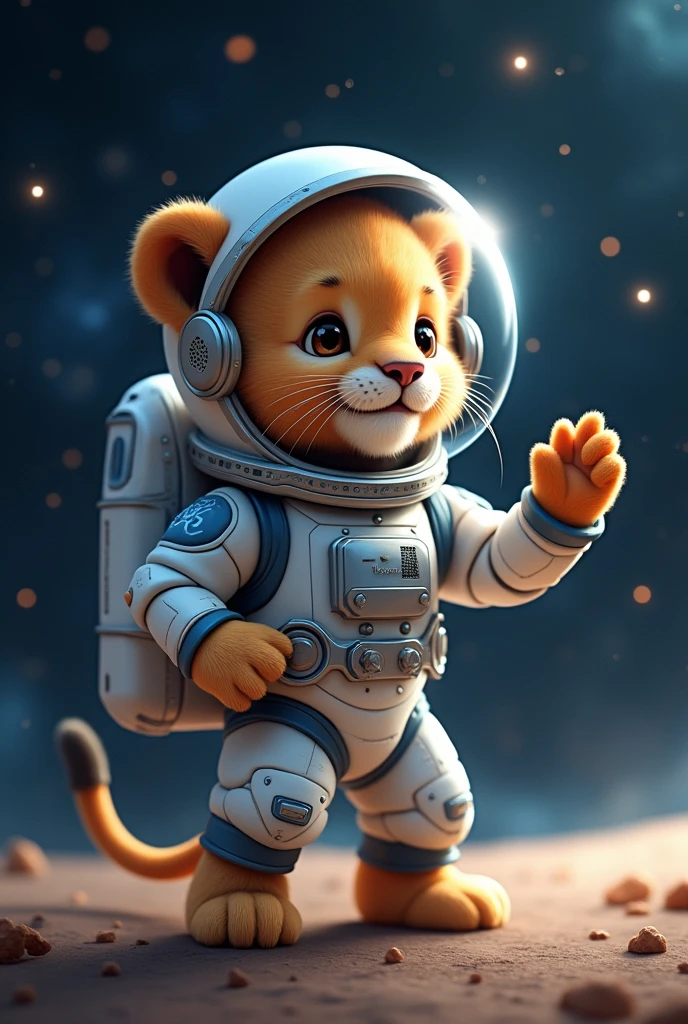 Lion cub in space suit