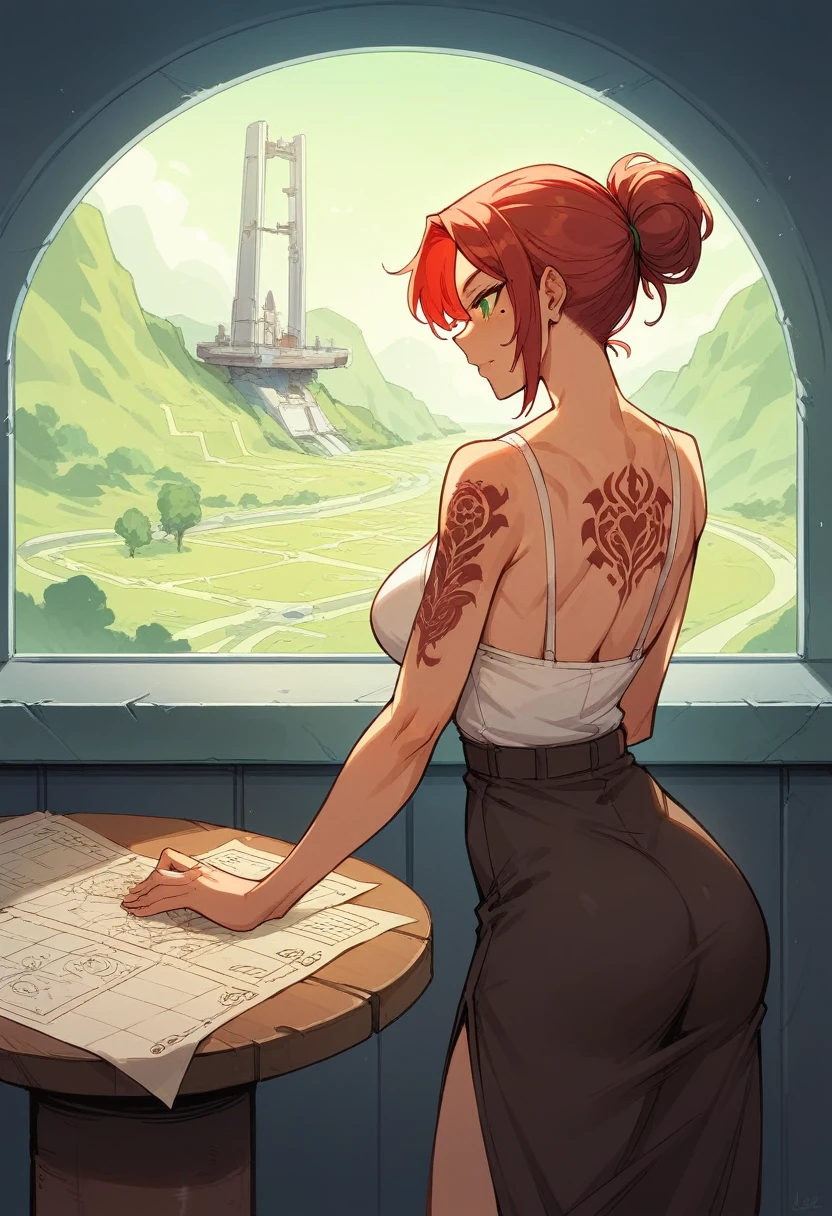 sensual, sexy, full of love and affection, on a spaceship, tall, red hair, green eyes, body lines and face in extraordinary sharp resolution, wearing little clothing. standing next to a table with a map. The environment is bright and mysterious. She has a tree of life tattoo on her hip. She has a mole on her cheekbone.