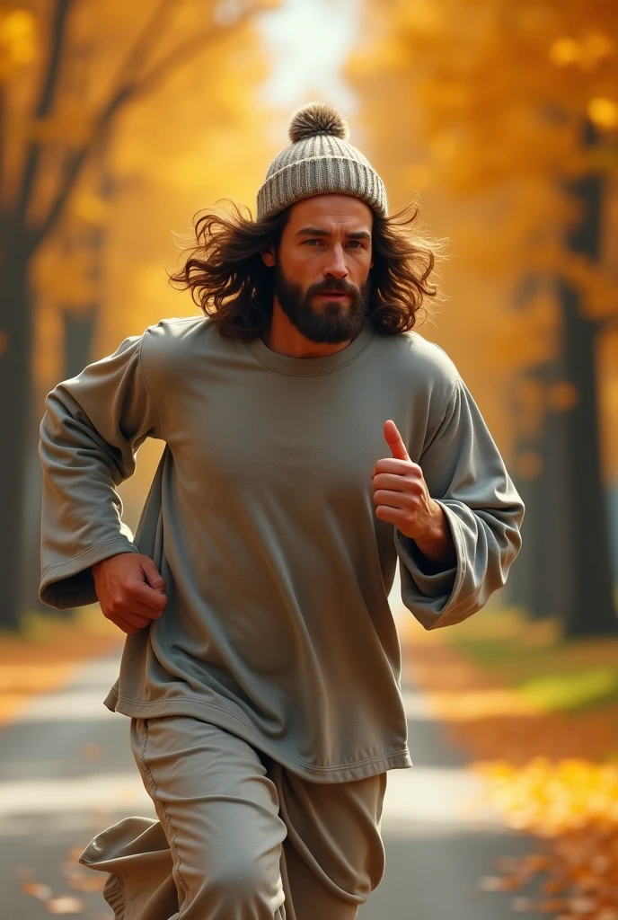 Jesus Christ running. Jesus is wearing a gray sweatshirt and a knitted hat on his head as he runs down a tree-lined autumn road. Jesus of Nazareth is depicted as a gentle, gentle man with shoulder-length hair. His wavy brown hair cascades over his shoulders. His face conveys deep wisdom and empathy, radiating warmth and understanding. Hair blowing in the wind. Ginkgo trees. Highly detailed, trending at the art station, sharp focus, studio shot, intricate detail, Greg Rutkowski,