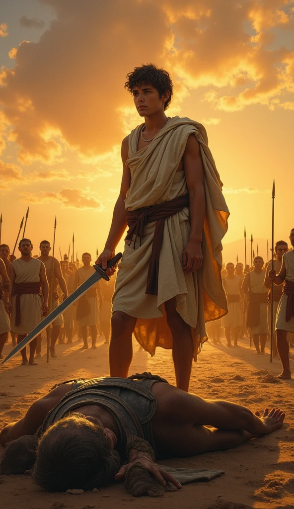 Young David, simple and without armor, with only a sword in hand, the giant goliath fallen to the ground, and the army pretending far away, at sunset.