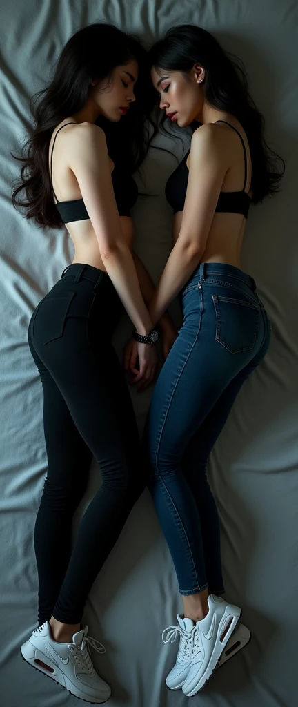 ((sexy 20s two korean women)), black and dark blue tight skinny jeans, belt, white nike air max 90 sneakers, topless, (((full view))), full body view, lying on the bed, dead, rest, lifeless, eyes closed, wristwatch, bracelet, dead girls, showing tits and pointed nipples, ((facing backwards pose))