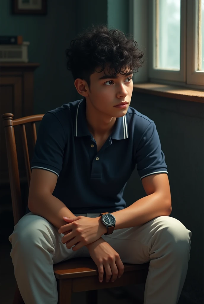 A 15 years old boy with big shoulder and black curly hair and navy blue polo t shirt and white color trouser and a old watch and black color loafers and sitting on chire and dim light on it