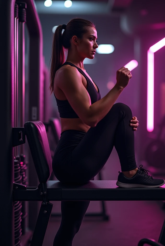 Woman defined body, fitness, Defined arms and legs, in gym, training knee extension on the machine, image background in black and lilac colors, where the color black predominates