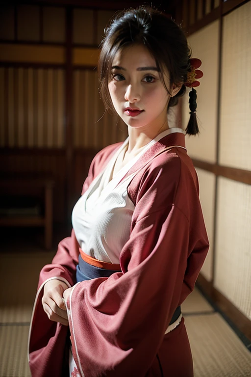 ((Highest quality)), ((masterpiece)), (detailed), One person, sexy,Red kimono、Temple、Black hair、Breeze、Bat