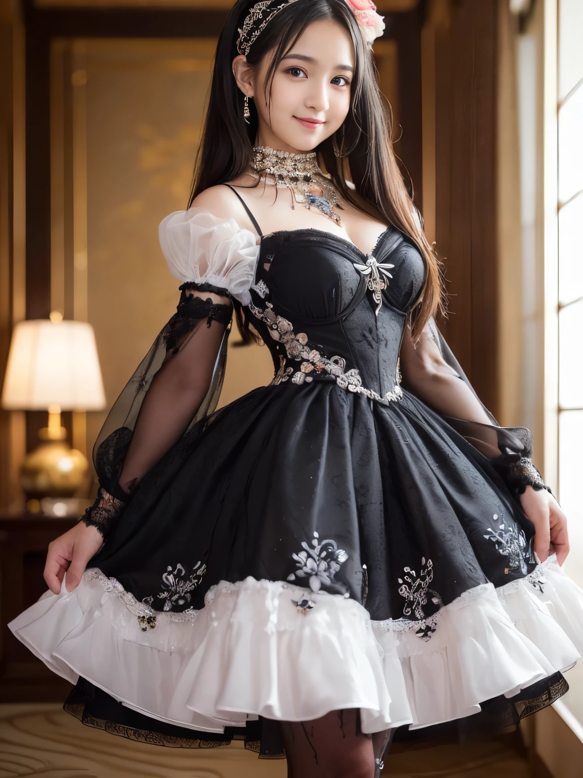 (Best-quality, Masterpiece, Ultra-High-Resolution, (Photorealistic:1.4), Raw Photo, depth of field, professional lighting, perfect anatomy, extremely details), (1girl, 15-years-old, the most famous Japanese idol, standing in luxury-hotel-room, ((cute-pose)), (innocent smile)), ((((extremely cute pretty-face)), ((extremely cute and extremely big black-eyes)), ((extremely beautiful and extremely realistic skins)))), (((wearing gorgeous dress with cute-design):1.2))