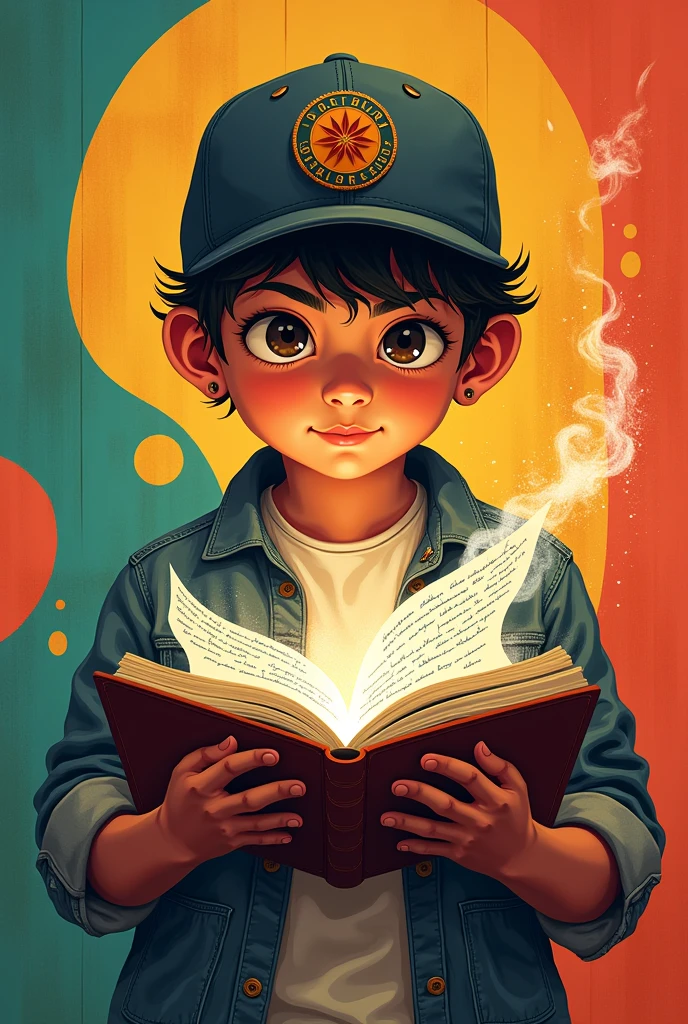 Regional Mexican music album cover, a boy with a cap with a notebook in his hand, where the lyrics of their songs come out of the notebook