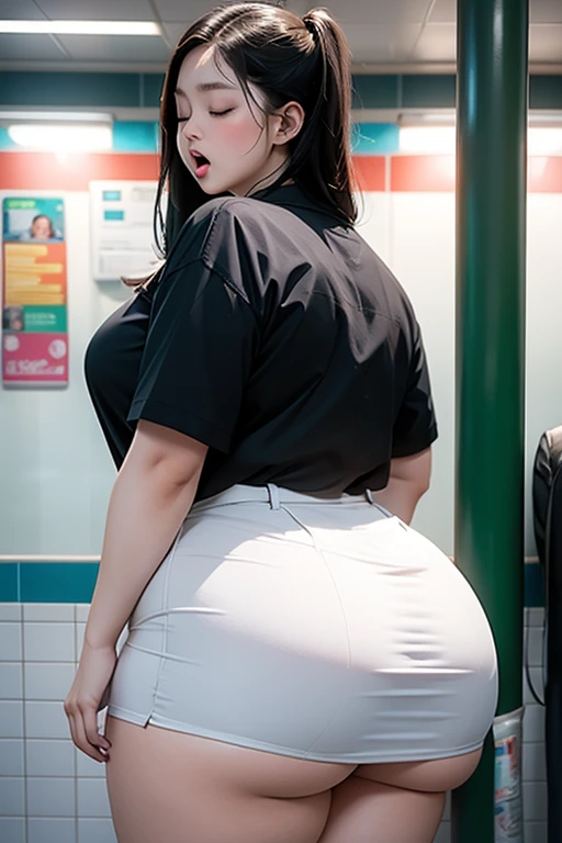 Sexy bbw girl standing in subway wearing middle school uniform, Close your eyes, sweat and look miserable, Open your mouth and stick your tongue out, Emphasize huge butt