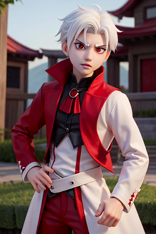 male、16age、vampire、Revealing clothing、White skin、Red eyes、White Hair、