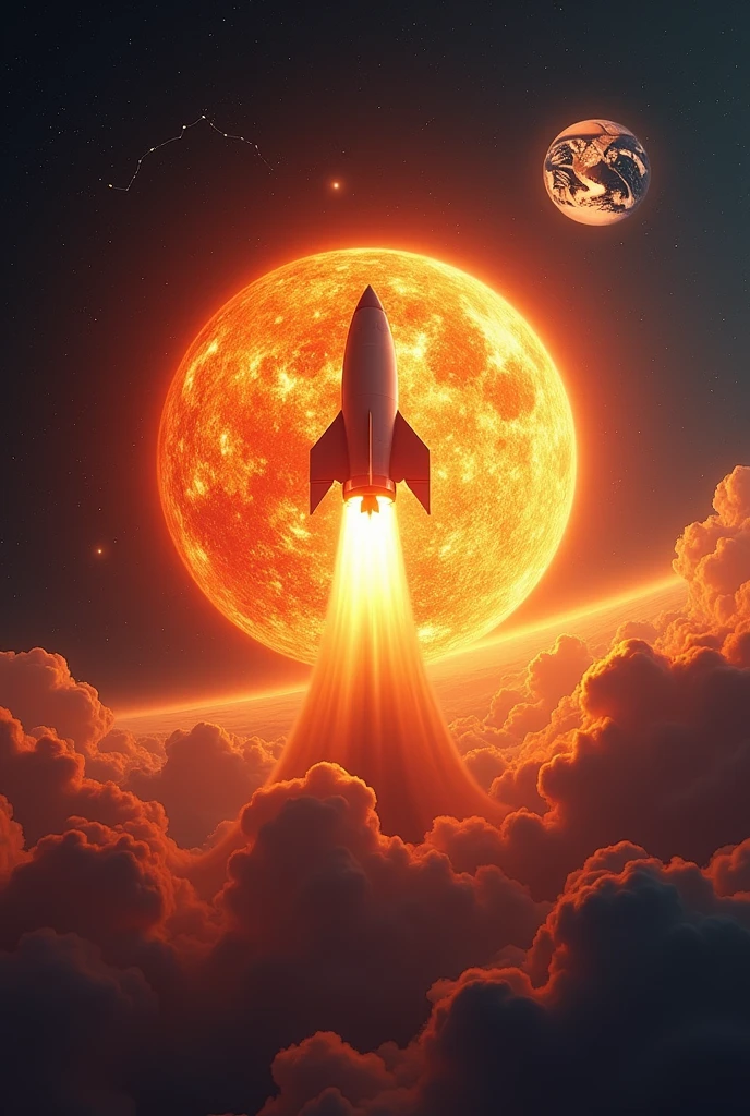 Dans un pentagone, a rocket takes off from the sun which is in the foreground beer colored. The rocket is heading towards Earth in the background at top right. The background is space, avec des étoiles et la constellation Cassiopée