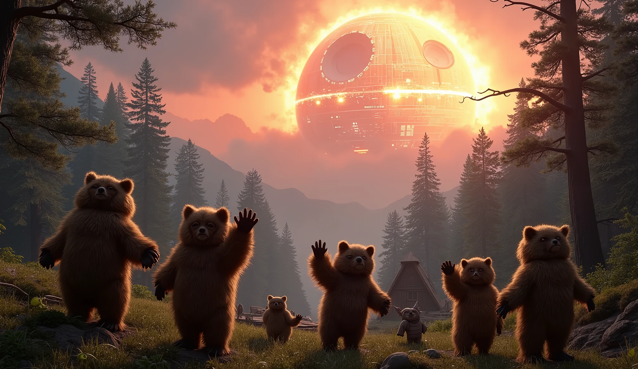 Planet Endor, twilight sky, The Death Star explodes as a fleet war rages, viewed from an Ewok village built in the tree tops. Ewoks look to the sky and cheer. Scene of happiness.