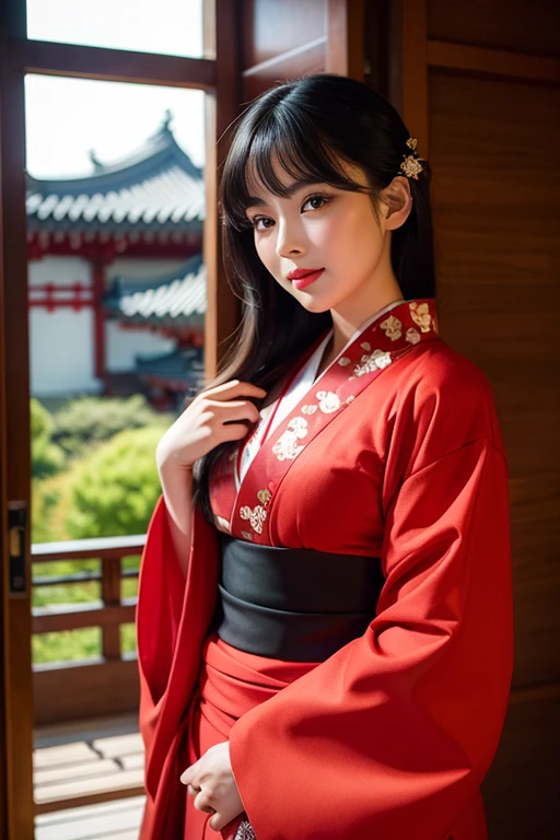 ((Highest quality)), ((masterpiece)), (detailed), One person, sexy,Red kimono、Temple、Black hair、Breeze、Bat