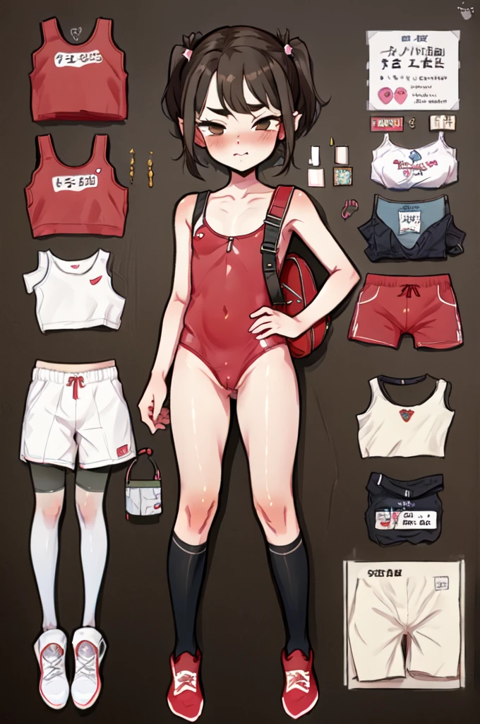 (masterpiece, Highest quality),Overall image,Highest quality,32K,(),Solo Images,Very ,Very chibi,Honor student,Very short stature,10 years old,Flat Chghs,Thick eyebrows,Brown Hair,Curly Hair,Blunt bangs,Short Twin Tails,Joji Fashion,denim、Black knee socks、ライトブルーのリボンで結んだShort Twin Tails、Red School Bag、Tsundere face,Elementary School Bulletin Boardit,price tag,