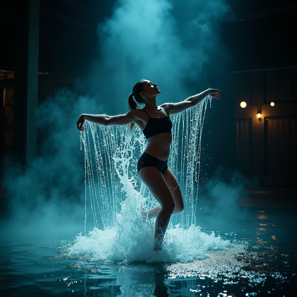A cute lady, solo, Create the scene in the movie Flashdance where the female protagonist does a wet chair dance., professional lighting, cinematic lighting, Dynamic action scene
