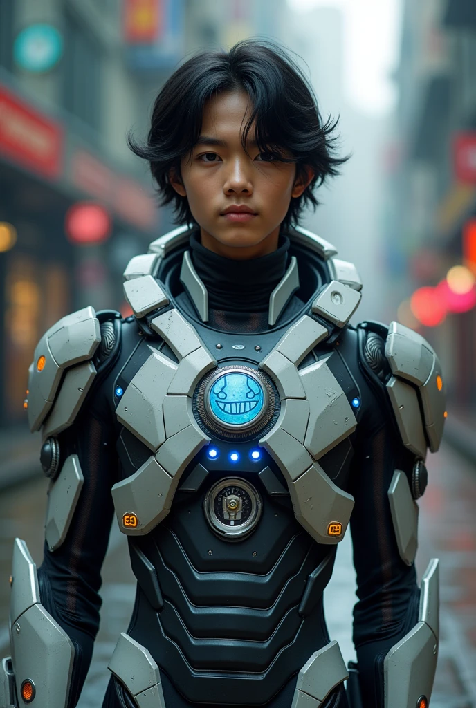 Boy malay Indonesia wear red white exoskeleton. Robot face on body. Led nipple blue. Black hair little white hair detail. . 19 year old boy. Wavy hair. Tan skin. High tech suit. Mirage armor . Taking anger robot face red. Emoji robot. Robot logo. Mechanize robot face at chest. Talking robot on body. Robot look front.. robocop concept.live bobot on body. Gi goe. Red white. Ultraman suit. Round shape Robot face on center.ultron Robot eyes on point nipples host suit. Robot Mouth on abs.. panel line. Led detail.