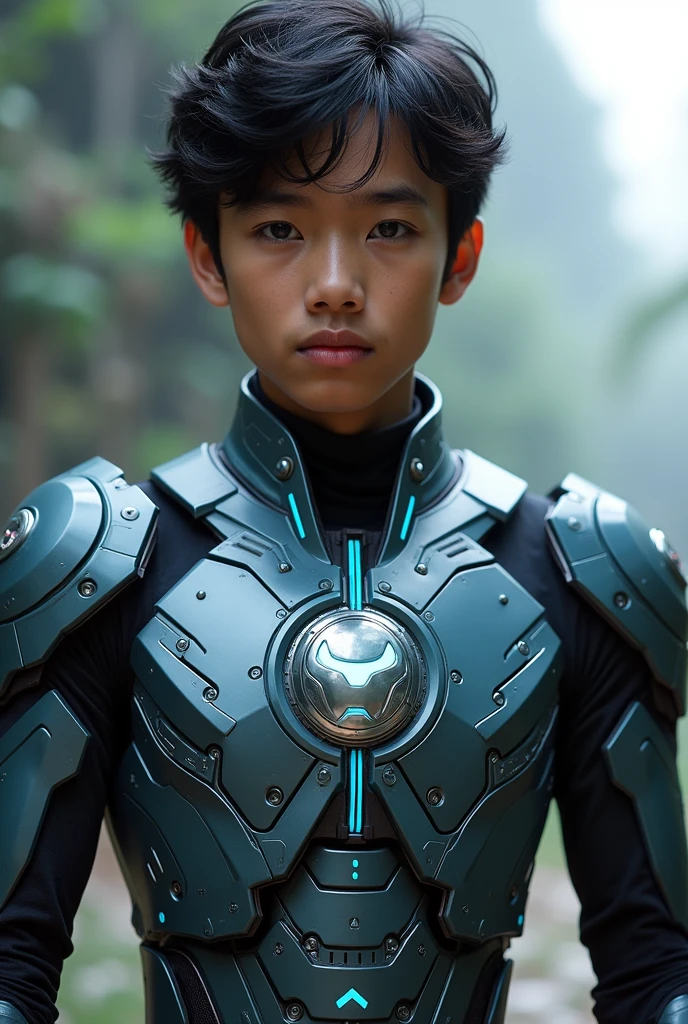 Boy malay Indonesia wear red white exoskeleton. Robot face on body. Led nipple blue. Black hair little white hair detail. . 19 year old boy. Wavy hair. Tan skin. High tech suit. Mirage armor . Taking anger robot face red. Emoji robot. Robot logo. Mechanize robot face at chest. Talking robot on body. Robot look front.. robocop concept.live bobot on body. Gi goe. Red white. Ultraman suit. Round shape Robot face on center.ultron Robot eyes on point nipples host suit. Robot Mouth on abs.. panel line. Led detail.