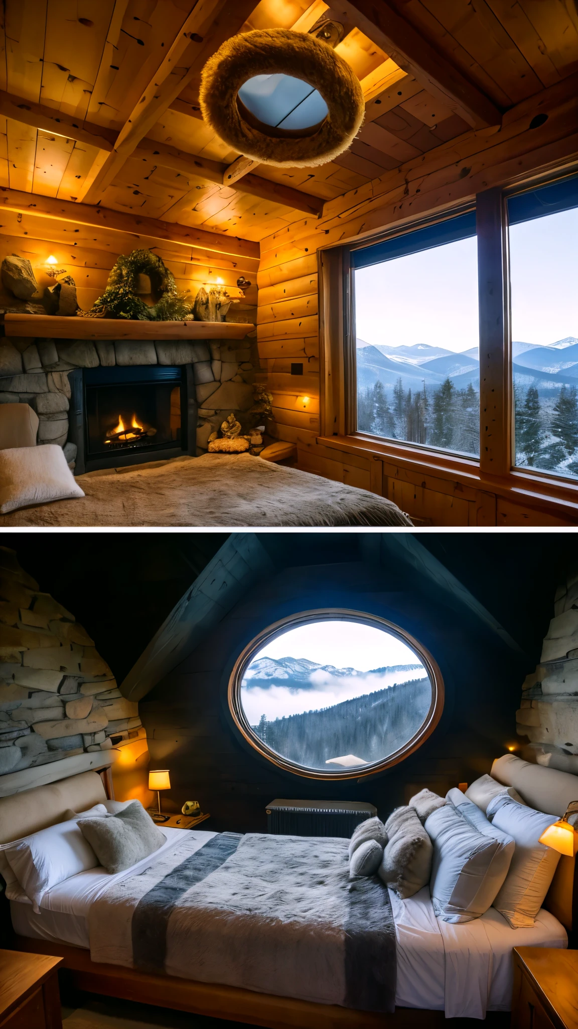 Imagine a futuristic bedroom high in the mountains with two pod-style beds suspended from the ceiling like cozy nests. The beds are surrounded by soft, golden lighting, and the bedding is made from natural, warm materials like wool and fleece. The room features large, circular windows offering panoramic views of misty mountain ranges at sunrise. A spiral staircase carved from stone leads up to the top bed, and the ceiling is designed to mimic the night sky, with twinkling LED lights. The walls are textured like natural rock, and the floor is made from smooth, polished wood, with plush, fur-covered rugs scattered about. A fireplace is set into one wall, adding warmth and a soft glow to the room, making it the perfect retreat after a day in the crisp mountain air.