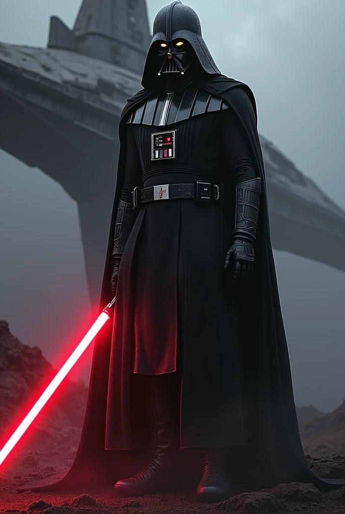 A Sith Lord from Star Wars with a big starship behind him, no Person but anything Else, dark atmosphere, red lightsaber, scary, frightening, ultra-realistic