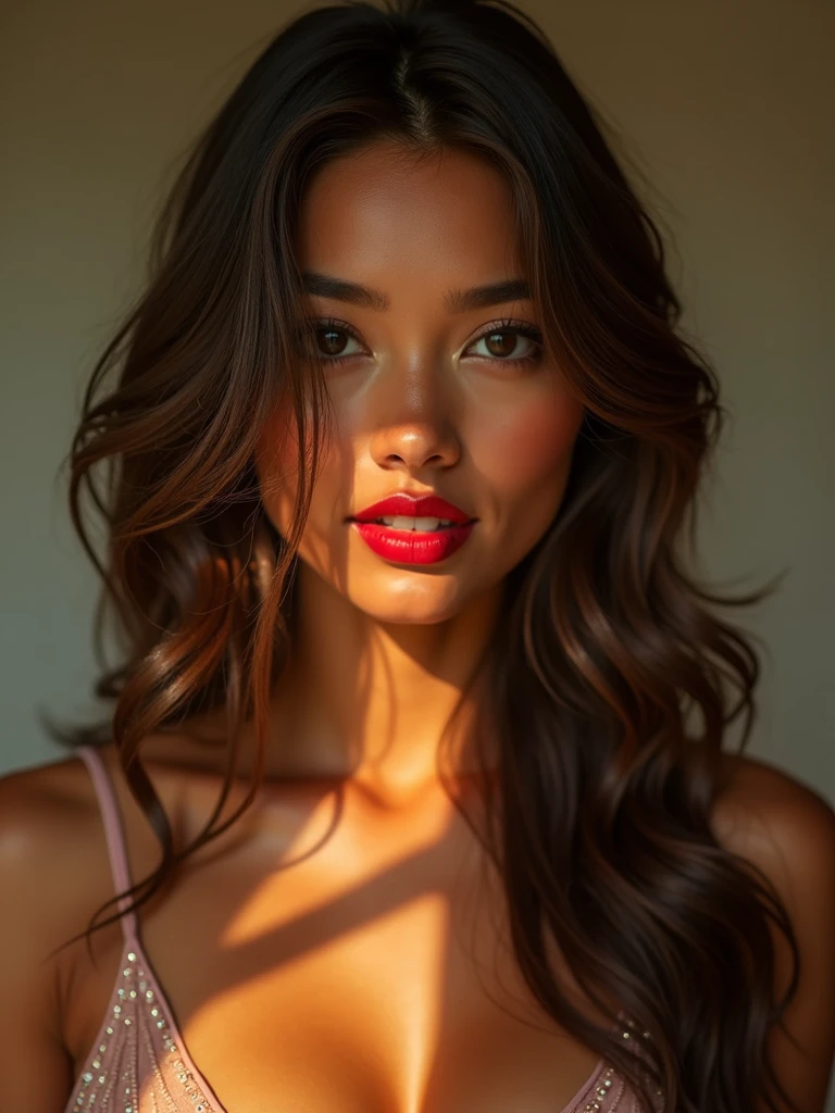 A breathtakingly heavenly beautiful Indian Asian, She has big breasts squeezing full body shot in the style of doggy style standing. Her sun-kissed skin, captivating honey eyes, and flowing brown hair immediately catch the eye. The portrait seems to be a high-resolution photograph, capturing every detail flawlessly. Her red lips are full and alluring, exuding a seductive charm. The overall quality of the image is outstanding, showcasing the model's natural allure in stunning detail.