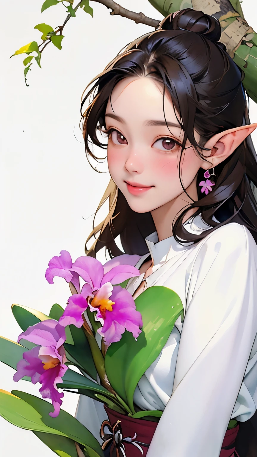 ((Cattleya、Three Flowers、Close-up、whole body、))、(Elf sitting on a tree branch、Long Hair、A kind smile、Blushing cheeks、Small breasts)、Soft Focus、((Sargent-style watercolor))、((White background))、(No background)、Blur the background、(Highest quality、High resolution、masterpiece)、4K Anime Art、