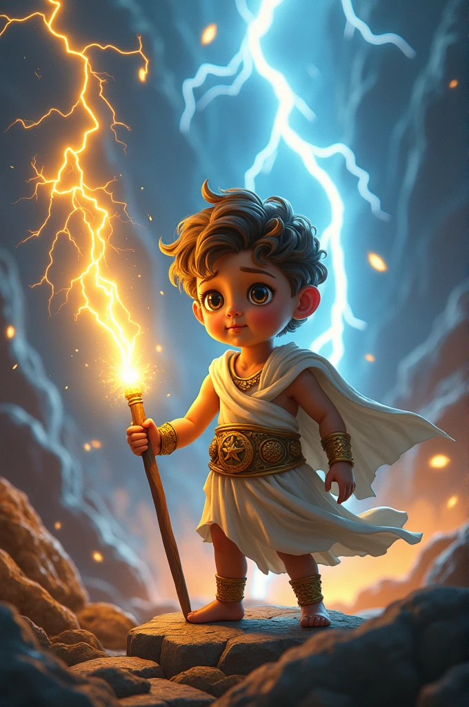 Fais un demi dieux( humain) tout petit en taille qui tiens l'éclair de zeus dans sa main 