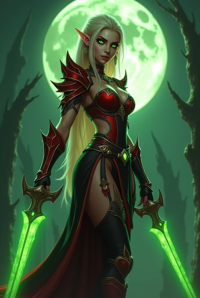 World of Warcraft game theme,fullmoon,extremeley curvaceous buxom bimbo vixen female elf,very bright green glowing eyes, Image of a female elf Valeera Sanguinar,intense flirty stare,side view ,Beautiful and gorgeous elf, 32 years old, with blonde hair, standing, holding two favorite shiny green Jambiya daggers, one in each hand. ,blood elf Assassin Wow, wide hips, narrow waist, gigantic humungus breasts,extremely curvy, Long elf ears, ((((Very bright, glowing green eyes))), Red Light female Assassin Armor with emeralds , Red Pauldrons, Red skull Pauldron with emeralds, Gold and Red Chestpiece, Red and black Gauntlets, Black tabard, dramatic tones. A masterpiece with the highest resolution. , Surrealist image type