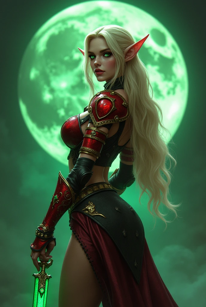 World of Warcraft game theme,fullmoon,extremeley curvaceous buxom bimbo vixen female elf,very bright green glowing eyes, Image of a female elf Valeera Sanguinar,intense flirty stare,side view ,Beautiful and gorgeous elf, 32 years old, with blonde hair, standing, holding two favorite shiny green Jambiya daggers, one in each hand. ,blood elf Assassin Wow, wide hips, narrow waist, gigantic humungus breasts,extremely curvy, Long elf ears, ((((Very bright, glowing green eyes))), Red Light female Assassin Armor with emeralds , Red Pauldrons, Red skull Pauldron with emeralds, Gold and Red Chestpiece, Red and black Gauntlets, Black tabard, dramatic tones. A masterpiece with the highest resolution. , Surrealist image type