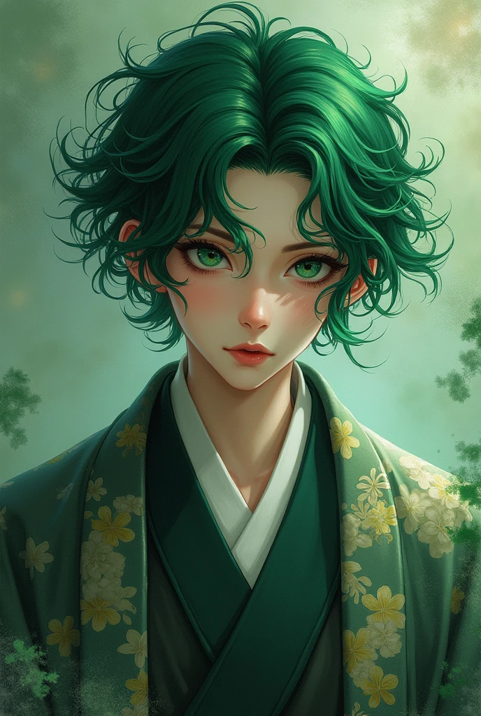 Green Hair、Natural curls、male、kimono