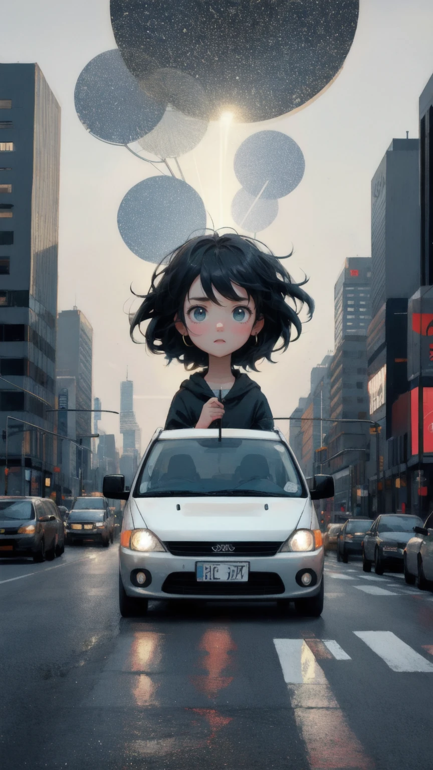 Create an image with a busy traffic scene, featuring a cute girl in place of the distressed man, leaning on the roof of a car with a frustrated and overwhelmed expression. The girl should be surrounded by a chaotic traffic jam with cars packed tightly together, each car displaying large Bitcoin symbols instead of typical road signs. The overall atmosphere should capture the feeling of being 'stuck in a transaction,' with the same humorous and exaggerated style as the original image.