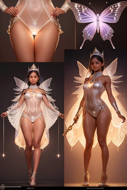 A young 15- yr old native Australian girl with lovely charming face,( brown skin texture masterpiece), (smiling with exposed teeths showing)(perfect full body detailed anatomy), (Super accessories detailed), (meditating ), (perfect detailed bright sparkling eyes),( short illuminating silver crystalized hair), ((expose big hard erect nipples))(( exposed panty ))((legs wide open showing pussy line))(( Wearing transparent illuminating costume of a magician)), holding a treasure staff or wand (( illuminating different lights covering the sorrounding atmosphere)) on its back wearing beautiful large top hat with butterfly wings detailed design, The character solemnly praying, 7 different perspective view of that same girl & face profile sheet character style