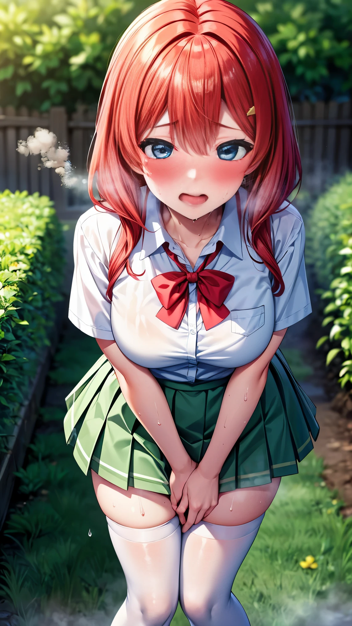 best quality,1girl,((big breasts:1.1)),((orgasm,blush,sweat,steam:1.3)),nm1, ((school uniform, white shirt, green skirt, mini skirt,pantyhose:1.3)),garden,crotchAngle,head out of frame,lower body,have to pee,covering crotch,(((hand between legs))),knees together feet apart,stand / standing,full body