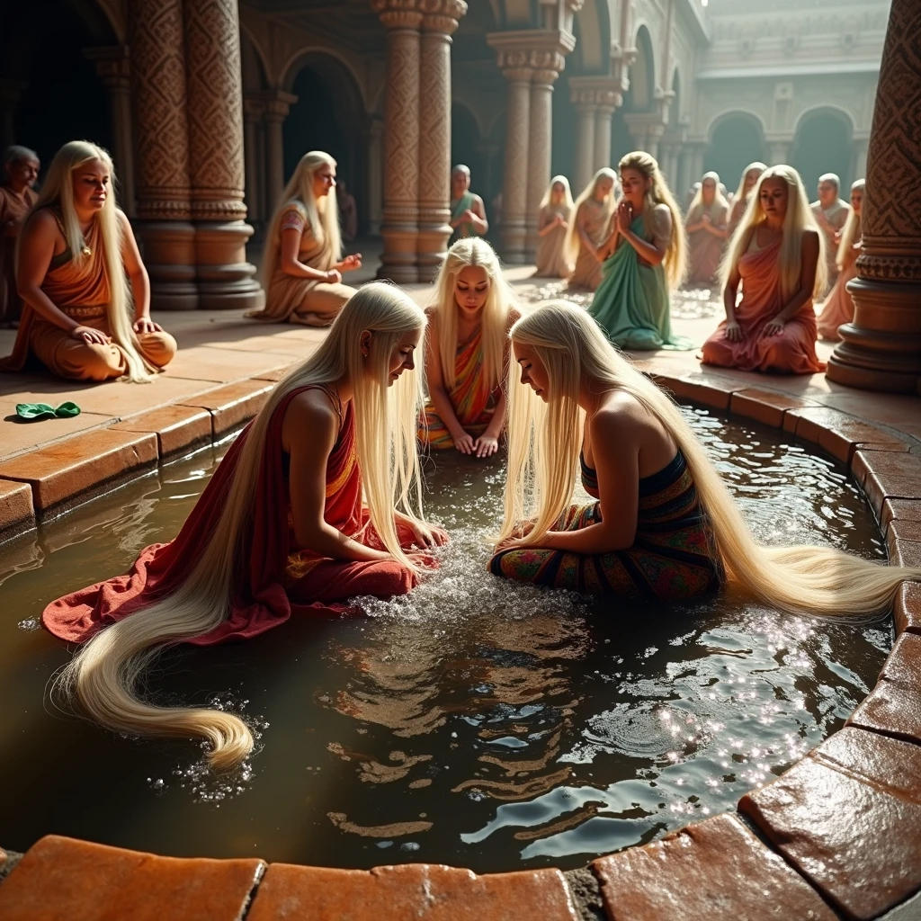 In indian cali temple,mature ladies with rapunzel hairs worshiping with hair putting to water flow and shower and their hairs are saoed with water exact as per inmage prompt