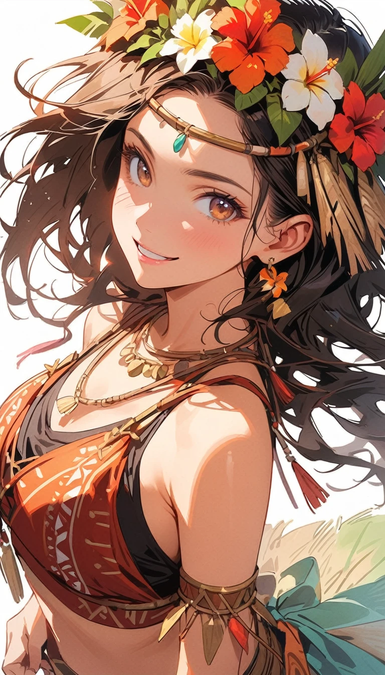 1girl, wine red hair, brown eyes, (highest quality, 8k, 4k, High resolution, masterpiece:1.2), Super detailed, anime style:0.9, photorealistic, Bright colors, Depth of the bounds written, blurred background, cowboy_shot, alone,  beautiful face details, beautiful eyes, long eyelashes, soft lips, (small face), (smile:1.3), Rear view, Pose with movement, slim body
BREAK
//Fashions 
Polynesian Hula Costume,
Transport yourself to the islands of Polynesia with a traditional hula costume, perfect for festive tribal celebrations, Start with a grass skirt or pareo in natural or vibrant hues, adorned with floral or tribal prints, Pair it with a fitted crop top or bikini top featuring similar motifs for a cohesive look, 
BREAK
Accessorize with flower leis worn around your neck and wrists, along with a floral crown or headband, Add shell or bead jewelry, such as necklaces, bracelets, and anklets, to enhance the tropical vibe, Style your hair in loose waves or braids adorned with flowers or tropical foliage, Finish the look with barefoot sandals or flat sandals adorned with flower embellishments, This costume captures the essence of Polynesian culture and the joyous spirit of tribal celebrations like luaus and hula festivals,
BREAK
