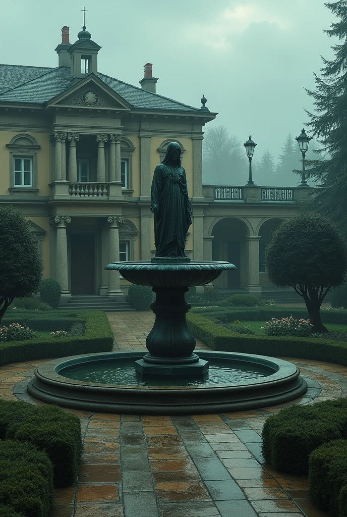 Best image quality, masterpiece, outdoor garden party background, classic building, fountain with statue, detailed image texture, eerie, horror, eerie atmosphere (not AI image), cloudy, foggy
