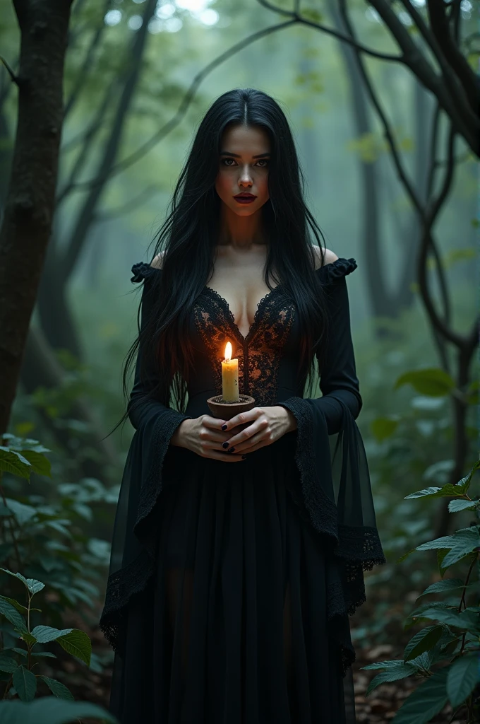 Hyper-realistic a witch with long black hair holding a candle in the forest the witch is sensual